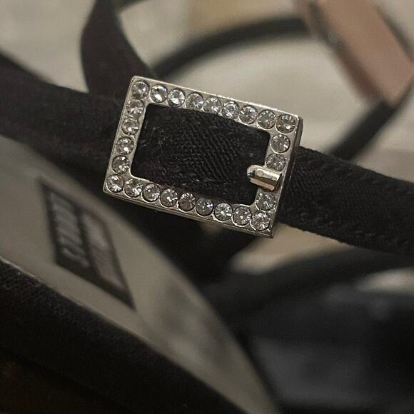 Stuart Weitzman 7 Black Satin Strappy Heels | Rhinestone Circle, Spain Y2K - Picture 11 of 13